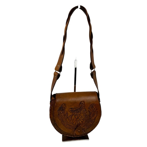 Vintage Floral Butterfly Tooled Thick Leather Braided Shoulder Bag Brown Hippie - Picture 2 of 16